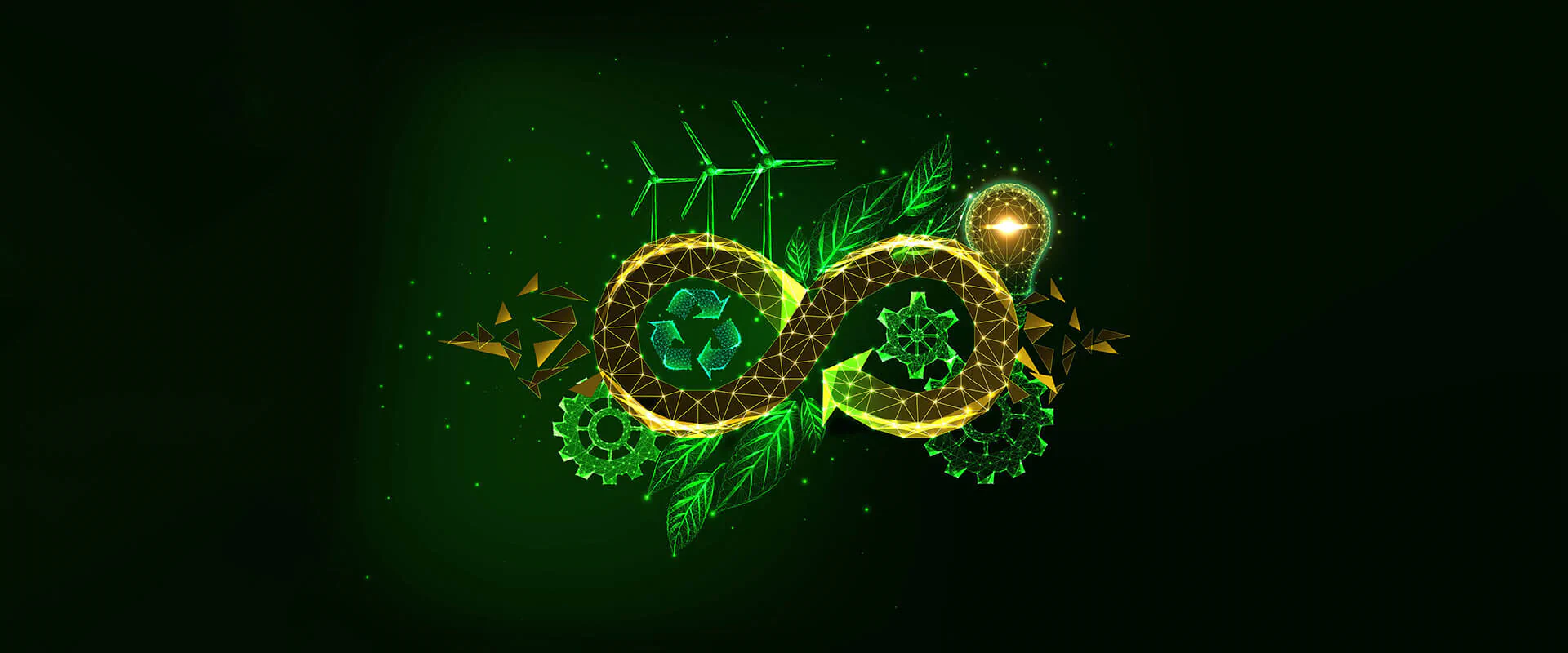 Werkstofftag Bildbeschreibung / description: Nachhaltiges Konzept mit grünem Unendlichkeitssymbol, Glühbirne, Recycling-Symbol und Windrädern.