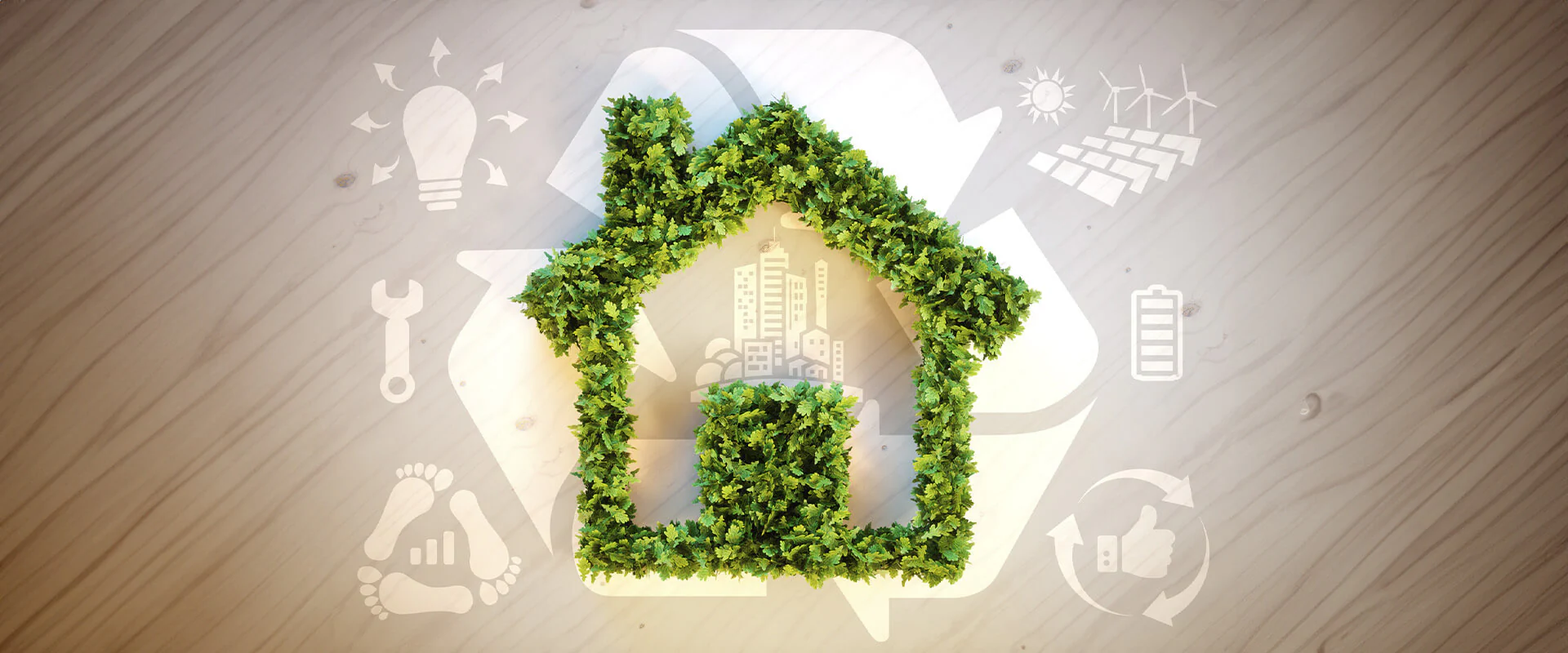 Biomaterialien Recycling Bildbeschreibung / description: Grünes Blätterhaus auf Holzhintergrund, inklusive diverser Nachhaltigkeitssymbole
