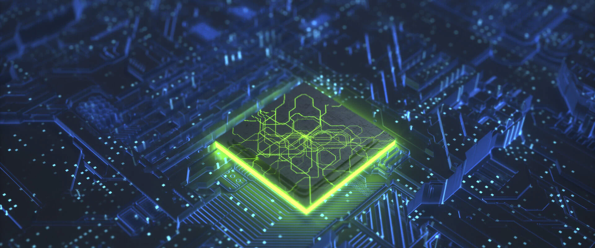 Material Sensorik Bildbeschreibung / description: Ein grüner-blauer Chip auf einer Leiterplatte.