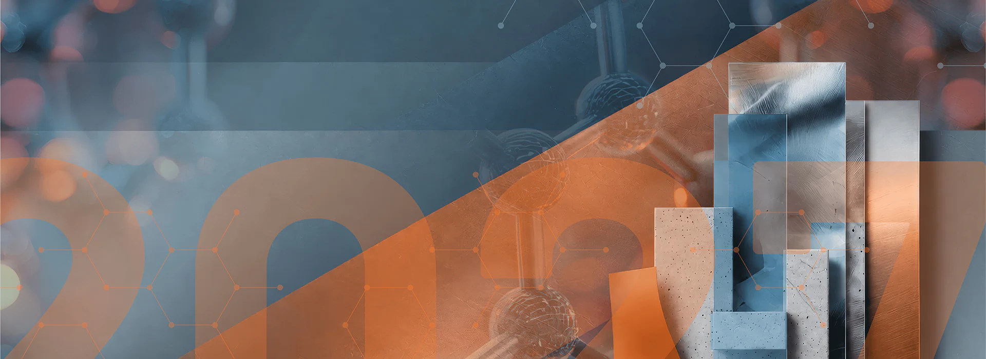 Copyright: Bauhaus Universität Weimar Bildbeschreibung / description: Headerbild zum Thema Werkstoffe und Materialtechnologie: Verschiedene Metall- und Materialoberflächen vor einem abstrakten Hintergrund mit molekularen Strukturen, technischen Netzwerken und den Jahreszahlen 2027. Visualisiert Werkstoffforschung, Materialentwicklung, Innovation und industrielle Fertigung.